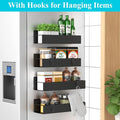 Black wall-mounted kitchen organizer holding spice jars and seasoning containers